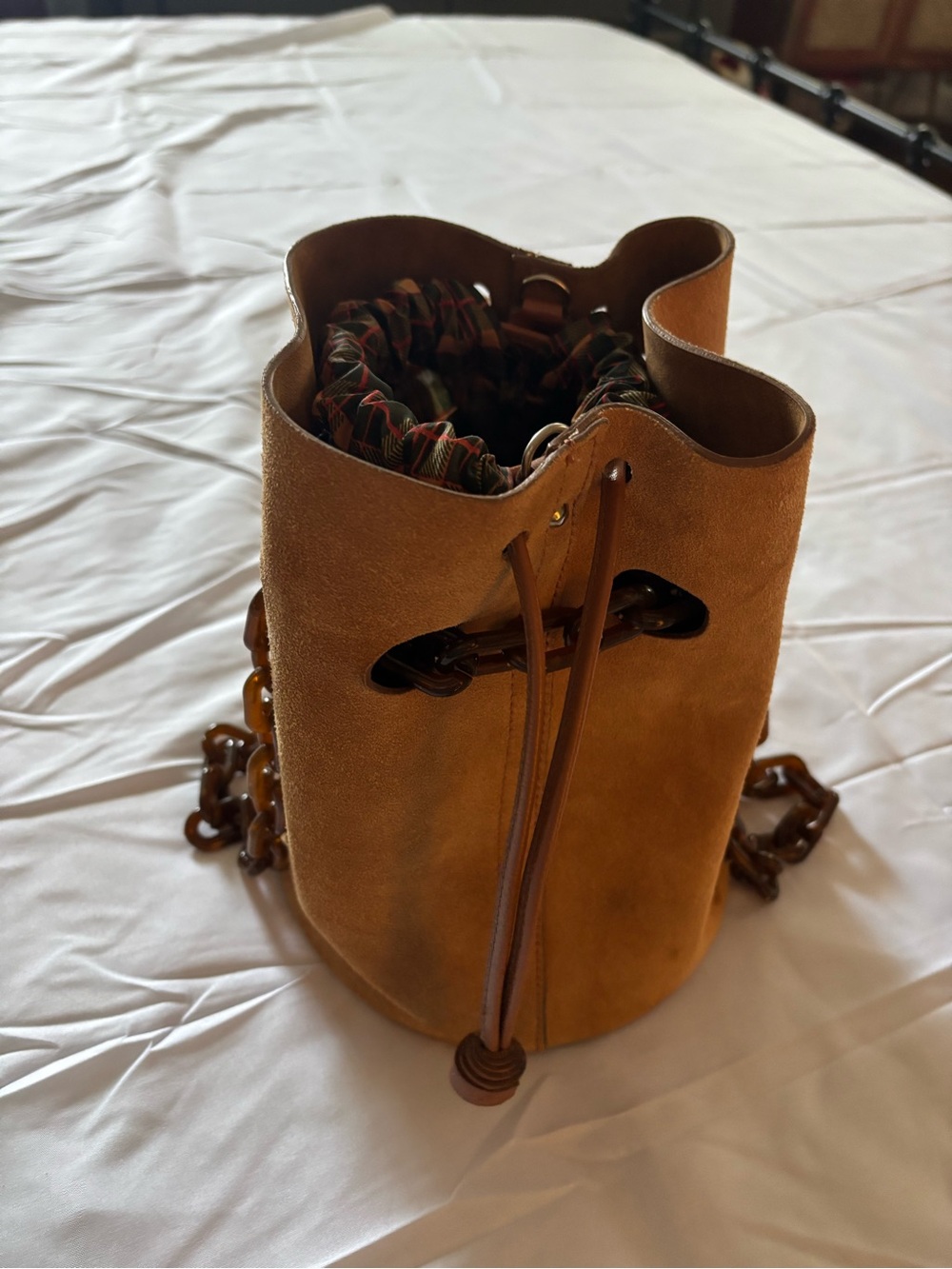 Suede Drawstring Bucket Bag in Camel